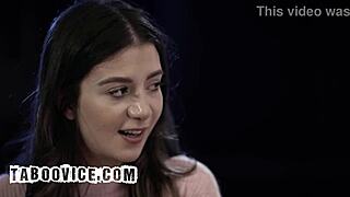 hot brunette babe seduced in bed by stepmom licking pussy and stepdad fucking ass