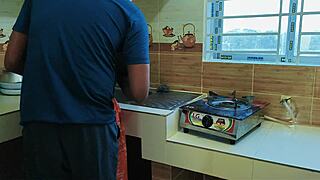 cheating brunette wife bends for boss's monster cock in kitchen