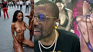 Tan Tits Ebony Whore Double Penetrated Public with Cumshots on Bald Pussy POV