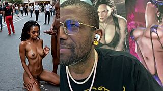 Tan Tits Ebony Whore Double Penetrated Public with Cumshots on Bald Pussy POV