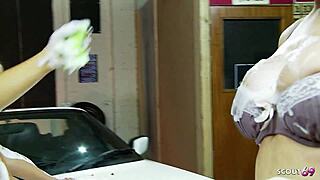 big tits blondes lesbian foursome lick pussies at wet car wash