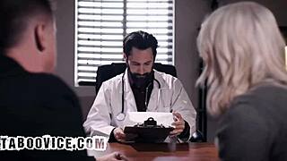 Cuckold husband watches wife pussy creampied by doctor patient.