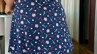 Canadian milf maid flashes huge tits legs in see-through dress kitchen morning?