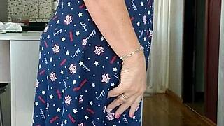 Canadian milf maid flashes huge tits legs in see-through dress kitchen morning?