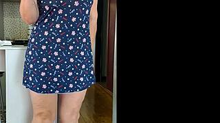 Canadian milf maid flashes huge tits legs in see-through dress kitchen morning?