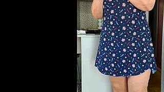 Canadian milf maid flashes huge tits legs in see-through dress kitchen morning?