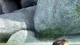 Monika Fox swims poolside in blue bikini paradise