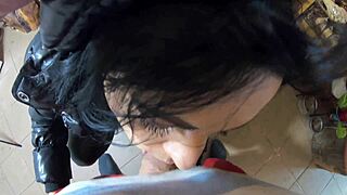 curvy latina wife in tight leather pants teases with puffy cameltoe then swallows hot cum