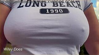 Wifey flashes perfect braless tits in public garage