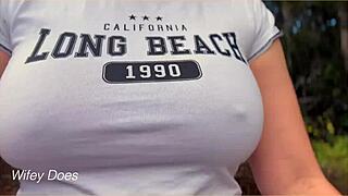 Wifey flashes perfect braless tits in public garage