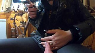 curvy latina wife in tight leather pants teases with puffy cameltoe then swallows hot cum