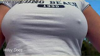 Wifey flashes perfect braless tits in public garage