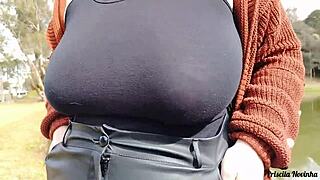 Walking With Stepmom She Loves Flashing Her Big Tits Publicly