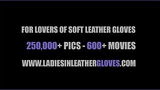 Brunette Milf's Leather Gloves Tease Her Stockings and Legs