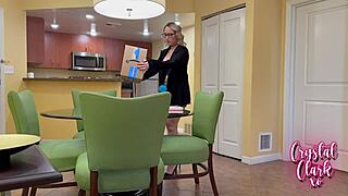 Blonde stepmom with big fake tits and glasses gets blackmailed into bedroom doggystyle pounding by horny neighbor son