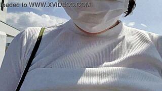 Excited housewife masturbates outdoors