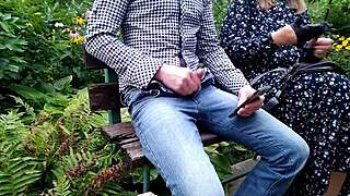 mother-in-law flashes hairy pussy handjob cums quick on street