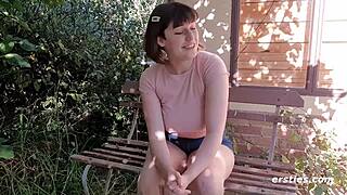 lucy spreads clit fingers her intimate german hairy pussy solo bedroom