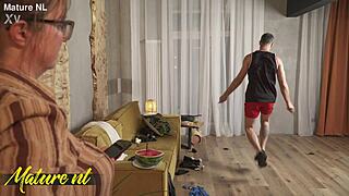 Catching stepson workout now fuck my shaved milf pussy missionary!