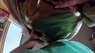 her golden dress curves take deep blowjob hard doggy on freezer