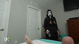 Surprise! Ghostface crashes in for milf's halloween handjob and monster cock face fuck scene 1 of 3