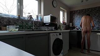 Naked kitchen food prep solo mature homemade