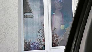 Blonde Milf's Big Natural Tits and Hairy Pussy Flashed in Public Taxi