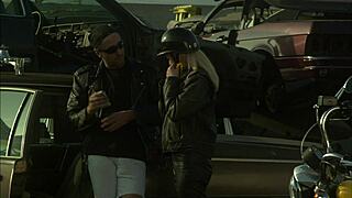 blonde milf fucked hard bent over car hood in fishnets