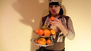 waitress masturbates pussy with fruit solo at work orgasm