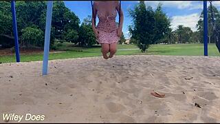 Wifey skips panties to flash her shaved pussy everywhere in public