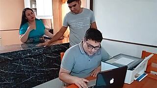 stepson rams milf pussy in kitchen while cuckold husband works late