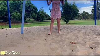 Wifey skips panties to flash her shaved pussy everywhere in public