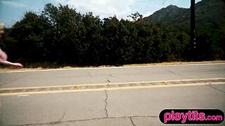 hey, wanna see this busty petite blonde skater milf strip big tits outdoors?