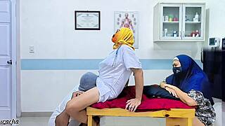 muslim hijab doctor milf rides patient's cock cowgirl while his wife licks her hairy pussy