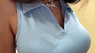 My stepsister's big tits shake as she fucks her huge dildo hard