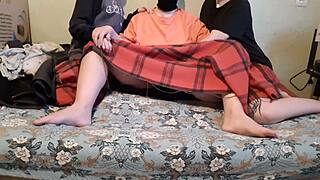 stepmom secretly fingers my pussy while girlfriend watches movie right beside us