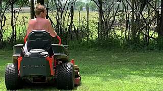 Neighbor's naked lawnmower ride outdoors turns wild