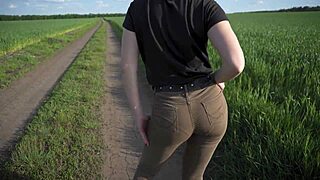 Sexy milf teases panty lines outdoors in jeans