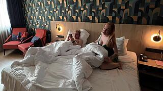 Stepmom you're shocked as stepson unloads cumshot all over your face sharing that hotel bed