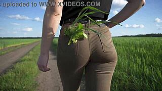 Sexy milf teases panty lines outdoors in jeans