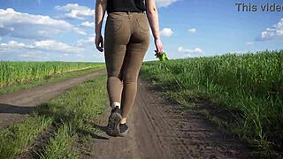 Sexy milf teases panty lines outdoors in jeans