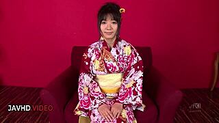 chiharu's kimono blowjob in steamy japanese threesome creampie
