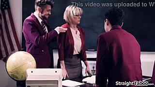 Four College Boys GANGFUCK Teacher's Shaved Pussy Hard!