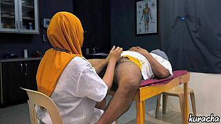 muslim hijab doctor checks patient's small cock with handjob play in hospital