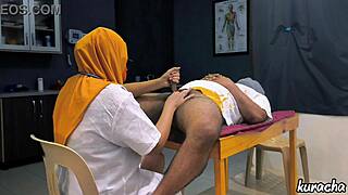 muslim hijab doctor checks patient's small cock with handjob play in hospital