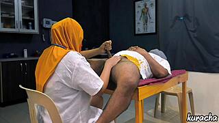 muslim hijab doctor checks patient's small cock with handjob play in hospital