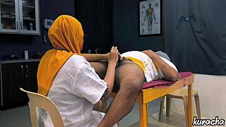 muslim hijab doctor checks patient's small cock with handjob play in hospital