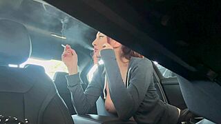 Italian Artemisia Love Smokes Cigarette in Car Flashing Big Tits
