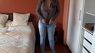 Stepmom Drops Jeans Fingers Pussy for Stepson Voyeur Masturbation