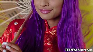 asian teen with huge boobs sneaks in and rides mature man's throbbing cock doggystyle till facial blast